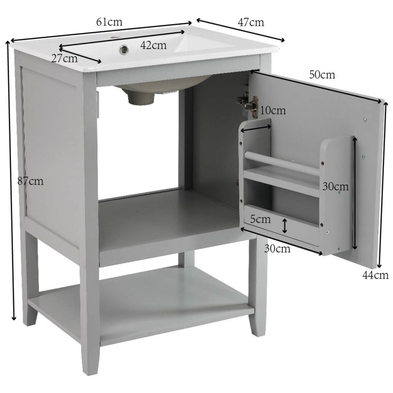 Badmöbel Einzelwaschtisch,Waschtischunterschrank 60 cm mit Keramikwaschbecken,mit Ablage,hellgrau