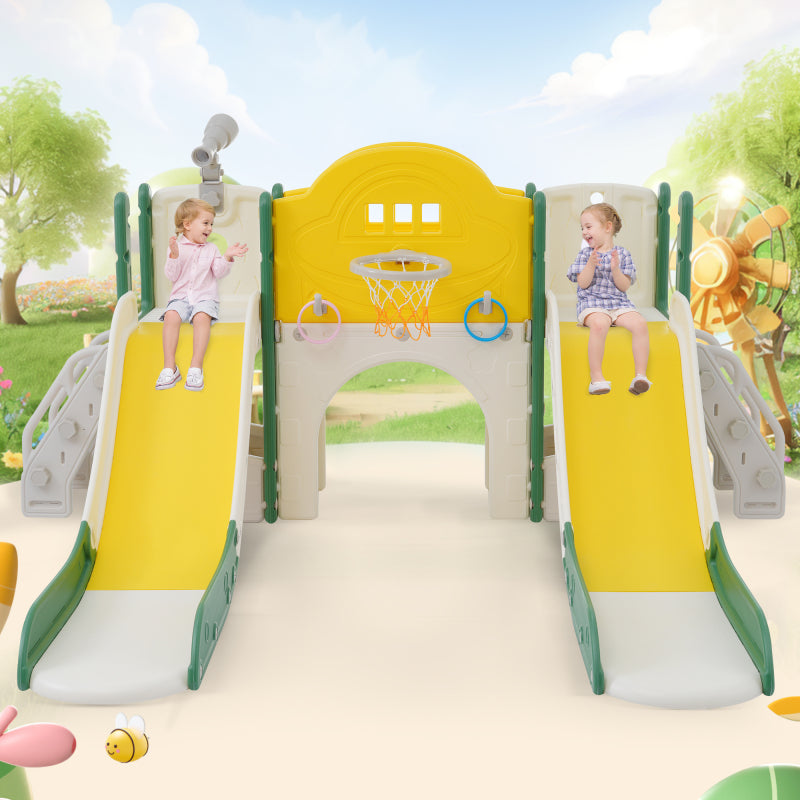 8 in 1 Kinderrutsche Kletterspielzeug, Multifunktionsrutsche mit 2 Rutschen, freistehende Rutsche, Klettern, Bohrspiel, Stauraum, Spielkorridor, Basketballkorb, Lasso-Spiel, Teleskop
