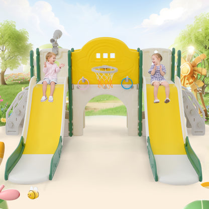 8 in 1 Kinderrutsche Kletterspielzeug, Multifunktionsrutsche mit 2 Rutschen, freistehende Rutsche, Klettern, Bohrspiel, Stauraum, Spielkorridor, Basketballkorb, Lasso-Spiel, Teleskop