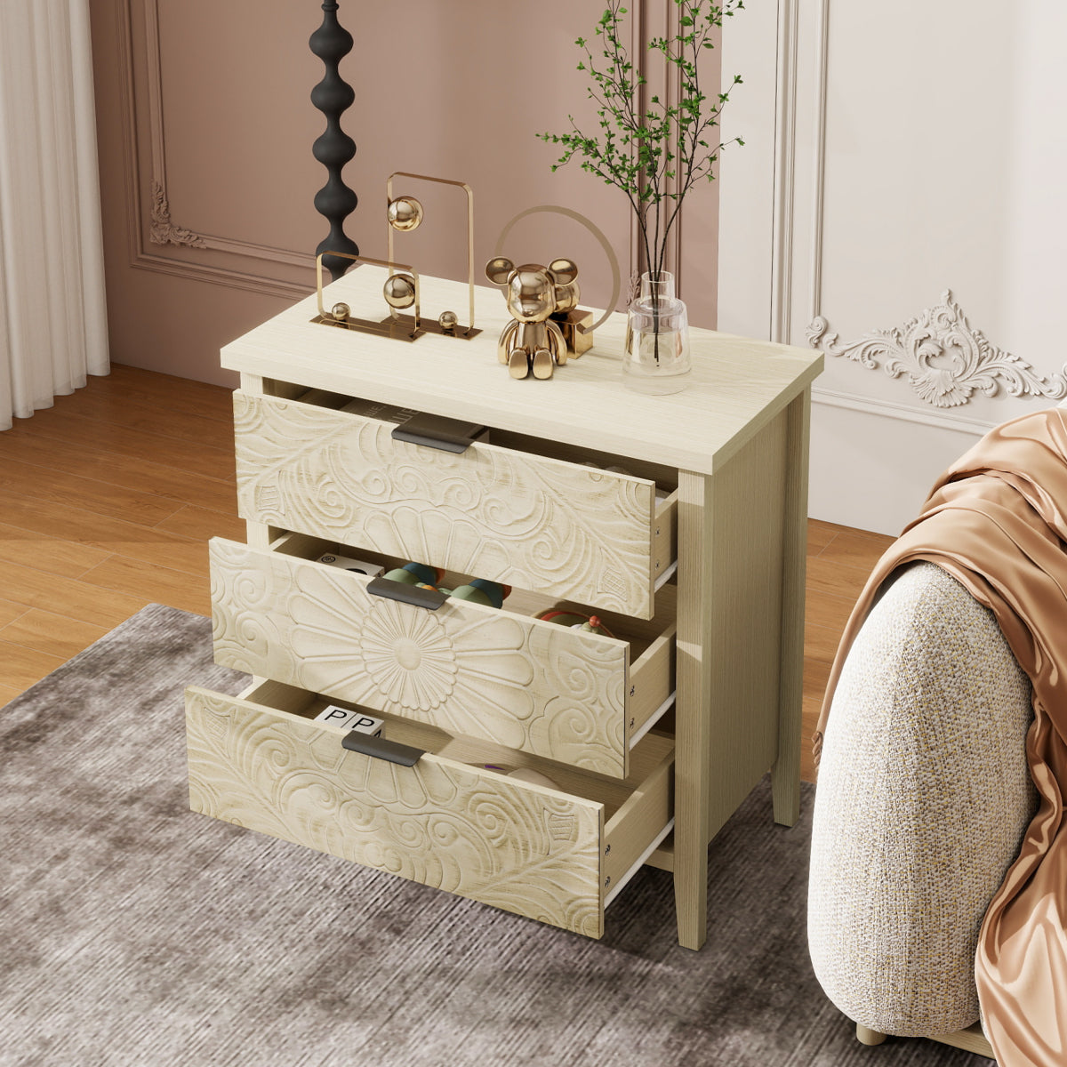 Kommode 80x80 cm Weiß, Anrichte mit 3 Schubladen in 3D-Holzoptik, Sideboard mit Bodengleitschienen & Kippsicherung