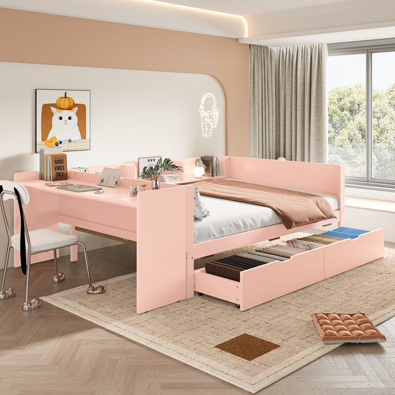 Flachbett, Holzbett, 140x200cm, mit Schreibtisch, ausgestattet mit 2 Schubladen, Doppelbett(Ohne Matratze), mit Regalen, Kiefer + Spanplatte, Rosa