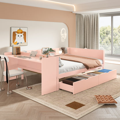 Flachbett, Holzbett, 140x200cm, mit Schreibtisch, ausgestattet mit 2 Schubladen, Doppelbett(Ohne Matratze), mit Regalen, Kiefer + Spanplatte, Rosa