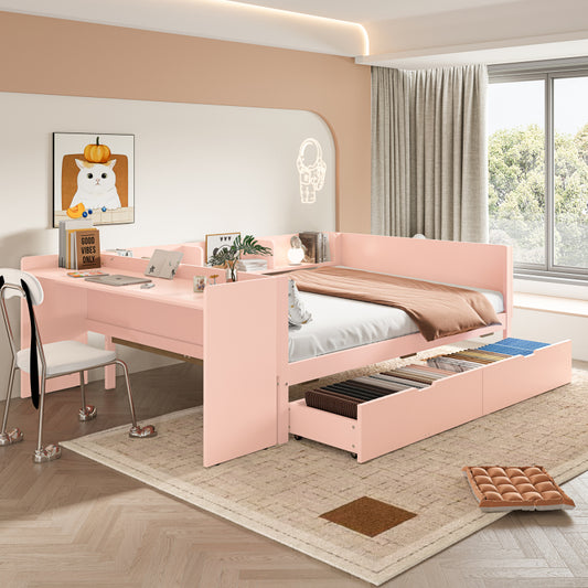 Flachbett, Holzbett, 140x200cm, mit Schreibtisch, ausgestattet mit 2 Schubladen, Doppelbett(Ohne Matratze), mit Regalen, Kiefer + Spanplatte, Rosa