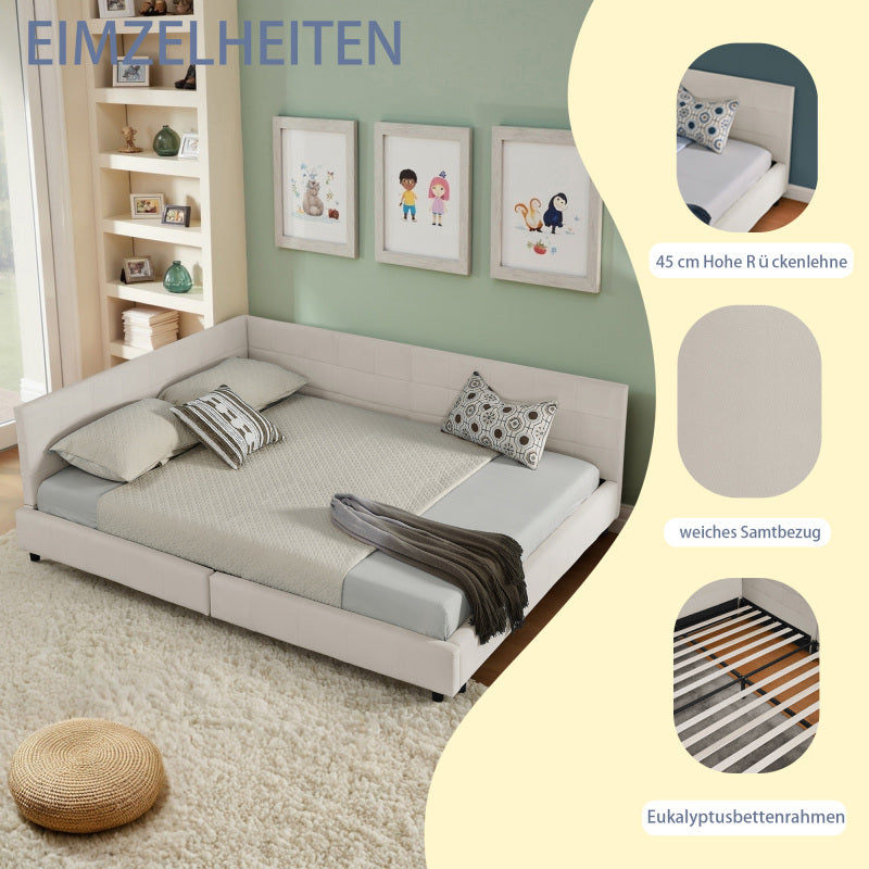 Doppelbett 140x200 cm, weiches hautfreundliches Samt, L-förmiges Eck Bettgestell, robuste Eukalyptus- und Eisenlatten, Beige (ohne Matratze)