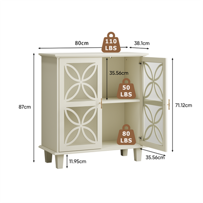 Sideboard mit Glastüren und verstellbaren Böden, freistehender Aufbewahrungsschrank im Retro-Stil, 2-türig, für Bad & Küche, Creme