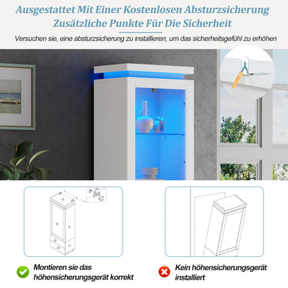 Weiß Hochglanz Vitrine 60x40x171cm mit App-LED & 2 Schubladen, Glasvitrine Hochschrank mit Acryltür, Standregal Wohnzimmerschrank