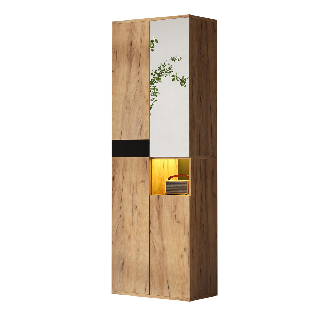 Hochschrank Schwarz/Natur 65x35x190 cm mit Spiegel, 4 Türen & offenem Fach, Mehrzweckschrank mit Stauraum