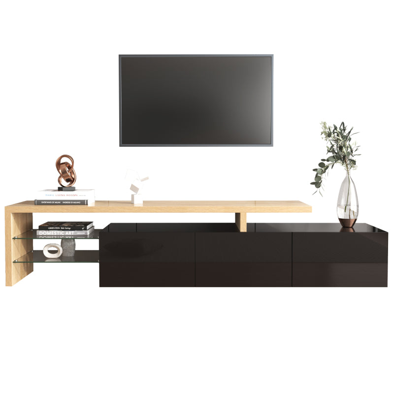 Modernes TV-Schrank-Design: Stilvolle Eleganz, praktischer Stauraum, Hochglänzendes Schwarz, Holzoptik, Glasböden, LED-Beleuchtung