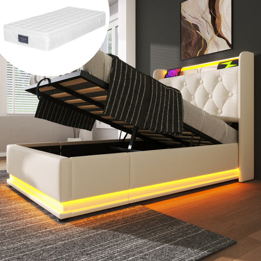 Polsterbett einzelbett, 360-Surround-LED-Funktion, Drucktaste/App/Fernbedienung, 90*200 cm, weiß PU-Material Hydraulisches Lagerbett, gepolstertes Kopfteil mit USB Typ-C Ladefunktion (Mit Matratze)