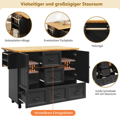 Kücheninsel mit Rollen & klappbarer Arbeitsplatte, Küchenwagen mit 5 Schubladen, Handtuchhalter & Gewürzregal, Sideboard 120cm, Weiß/Schwarz