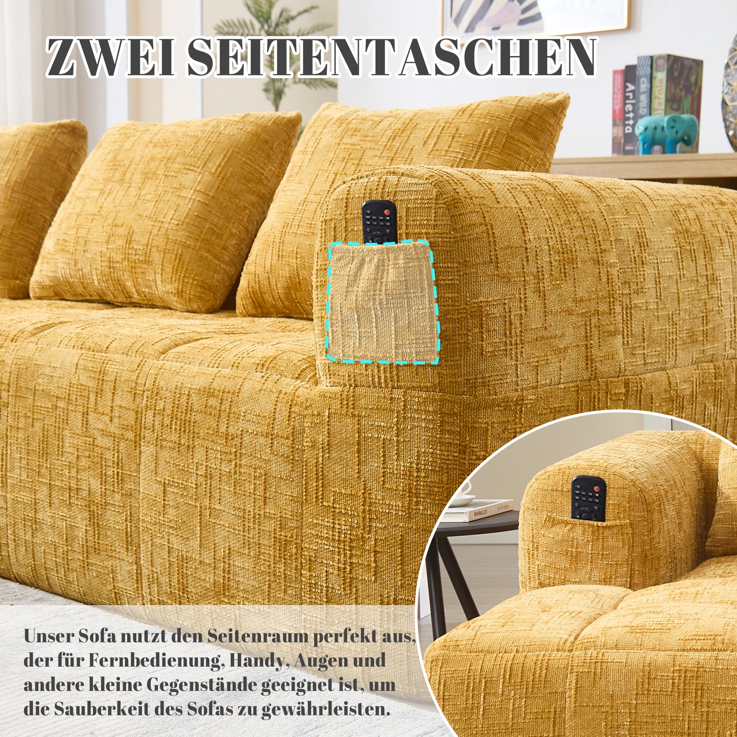 Modernes Sektionssofa, L-Sofa, 3-Sitzer-Sofa, keine Installation erforderlich, Chenille-Sofa mit Chaiselongue und Armlehnen, 3 Kissen, Seitentasche für Fernbedienung, Gelb