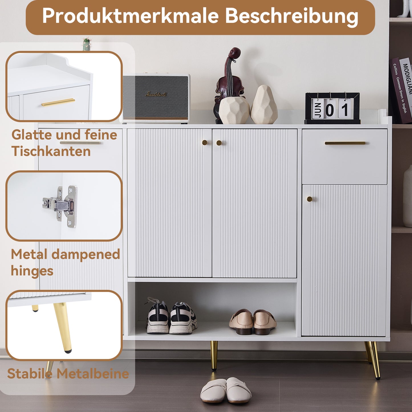Schuhschrank, Schuhregal mit 2 Schubladen und 4 Türen, Metallfüße, weiß