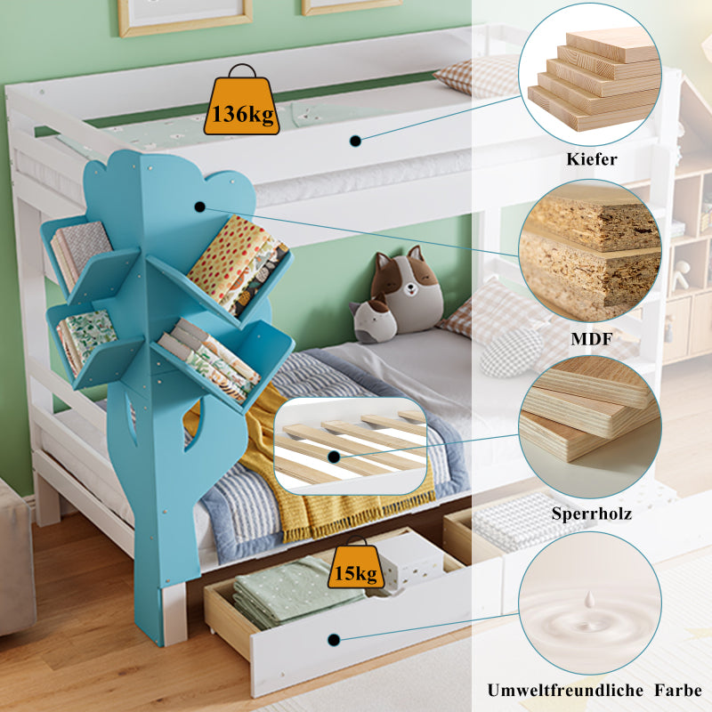 Etagenbett, Kreatives Kinderbett, Bücherregal in Baumform, Offenes Regal, Zwei Schubladen mit Rollen, Mit Fallschutzgitter, Reichlich Stauraum, Kiefer+MDF, Weiß+Blau, 90x200cm