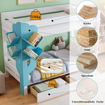 Etagenbett, Kreatives Kinderbett, Bücherregal in Baumform, Offenes Regal, Zwei Schubladen mit Rollen, Mit Fallschutzgitter, Reichlich Stauraum, Kiefer+MDF, Weiß+Blau, 90x200cm