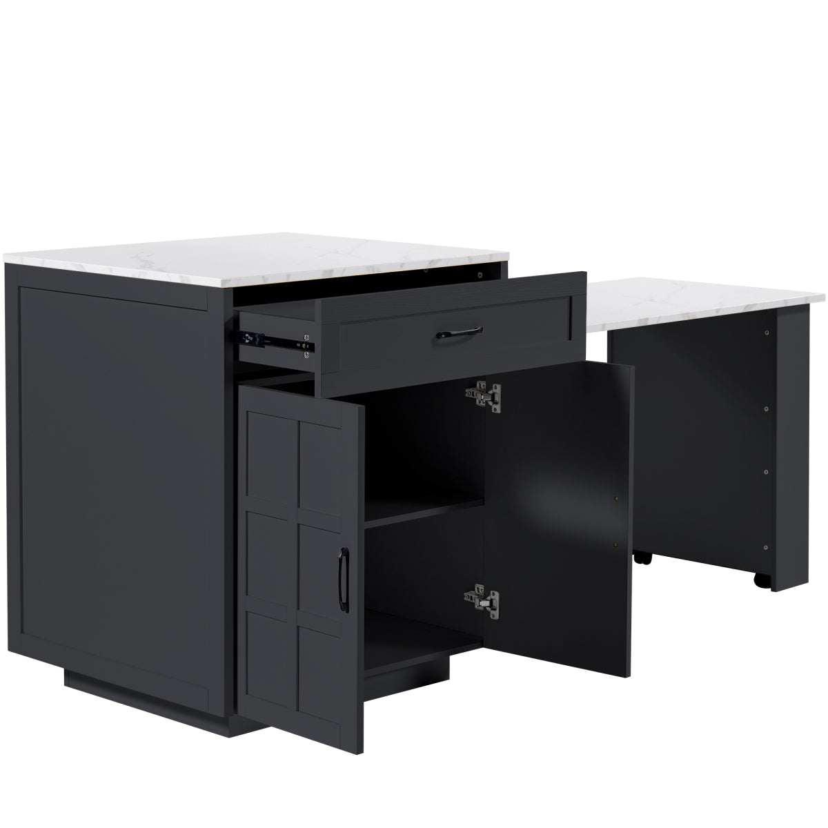 Bartisch ausziehbar 133-202cm, Kücheninsel mit Marmor-Optik & Stauraum, Esstisch für 2-6 Personen, Küchenwagen mit Schubladen & Regalen, Schwarz