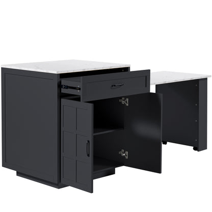 Bartisch ausziehbar 133-202cm, Kücheninsel mit Marmor-Optik & Stauraum, Esstisch für 2-6 Personen, Küchenwagen mit Schubladen & Regalen, Schwarz