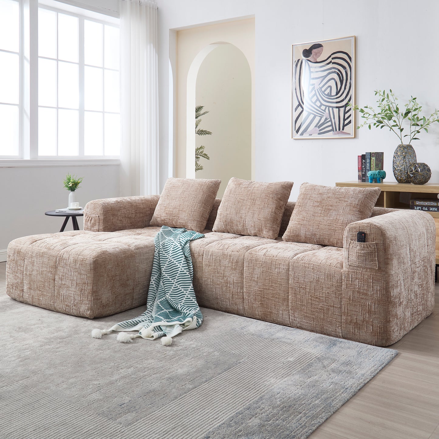 Modernes Sektionssofa, L-Sofa, 3-Sitzer-Sofa, keine Installation erforderlich, Chenille-Sofa mit Chaiselongue und Armlehnen, 3 Kissen, Seitentasche für Fernbedienung, khaki