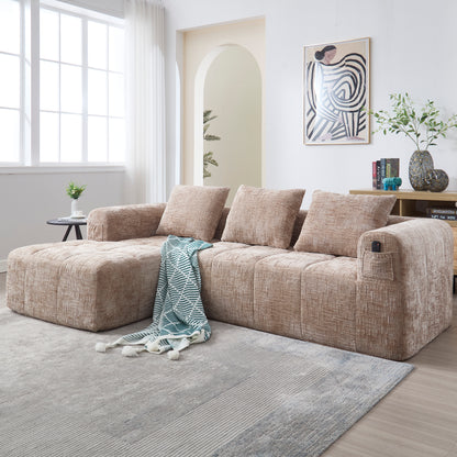 Modernes Sektionssofa, L-Sofa, 3-Sitzer-Sofa, keine Installation erforderlich, Chenille-Sofa mit Chaiselongue und Armlehnen, 3 Kissen, Seitentasche für Fernbedienung, khaki
