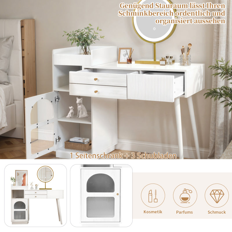 Kosmetiktisch-Set mit LED-Spiegel und 3-Farben-Beleuchtung, Schminktisch aus Holz mit 3 Schubladen und Seitenschrank, ausziehbares Design - Maße: B120/H90/T40 cm (ohne Hocker)