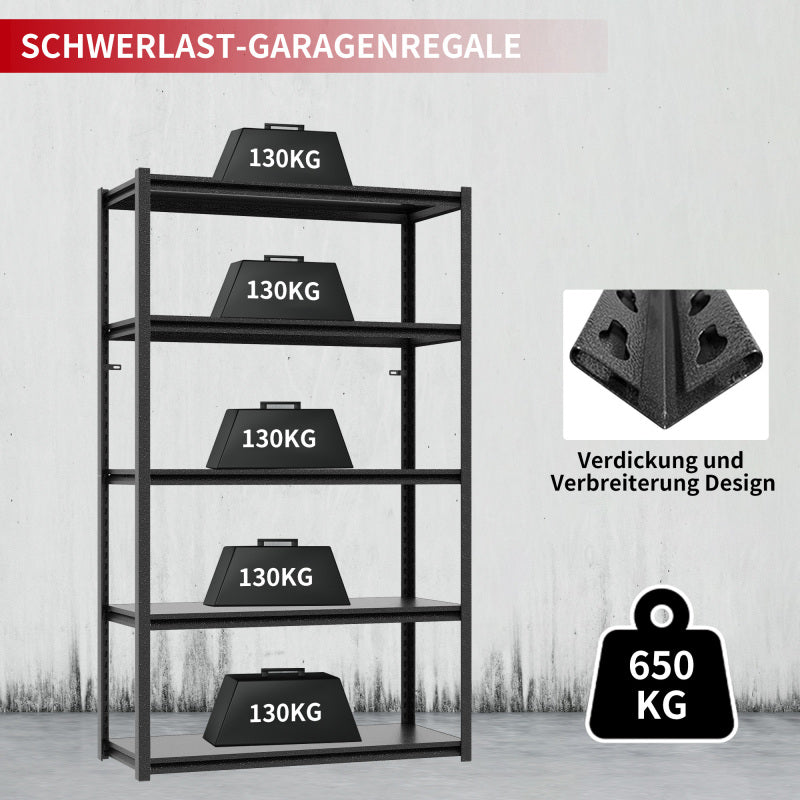 H198cm Schwerlastregal 5 Ebenen – Metall Lagerregal 650kg Tragkraft, Höhenverstellbares Industrieregal für Garage, Keller & Werkstatt, Schwarz, H198cm × B120cm × T45.7cm