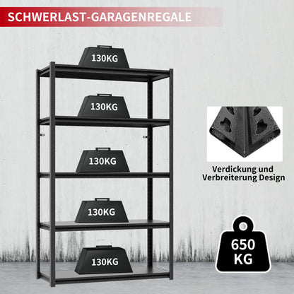 H198cm Schwerlastregal 5 Ebenen – Metall Lagerregal 650kg Tragkraft, Höhenverstellbares Industrieregal für Garage, Keller & Werkstatt, Schwarz, H198cm × B120cm × T45.7cm