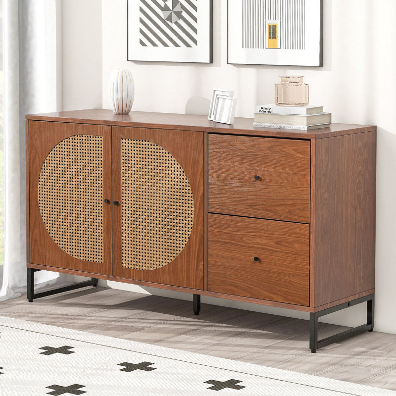 Sideboard mit 2 Rattan verzierten Türen und 2 Schubladen Kommode Küchenschrank, Mehrzweckschrank, Highboard mit Metallgriffe, für Schlafzimmer & Wohnräume & Büro