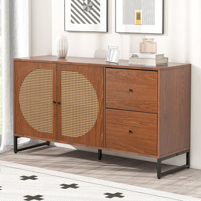 Sideboard mit 2 Rattan verzierten Türen und 2 Schubladen Kommode Küchenschrank, Mehrzweckschrank, Highboard mit Metallgriffe, für Schlafzimmer & Wohnräume & Büro