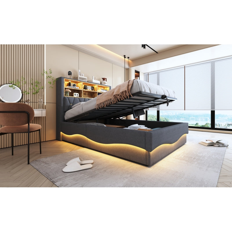 Polsterbett 140×200  mit hydraulischem Stauraum APP-gesteuertes LED-Lichtband USB-Ladeanschluss Metall-Lattenrost Leinenpolsterung Grau