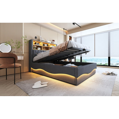 Polsterbett 140×200  mit hydraulischem Stauraum APP-gesteuertes LED-Lichtband USB-Ladeanschluss Metall-Lattenrost Leinenpolsterung Grau