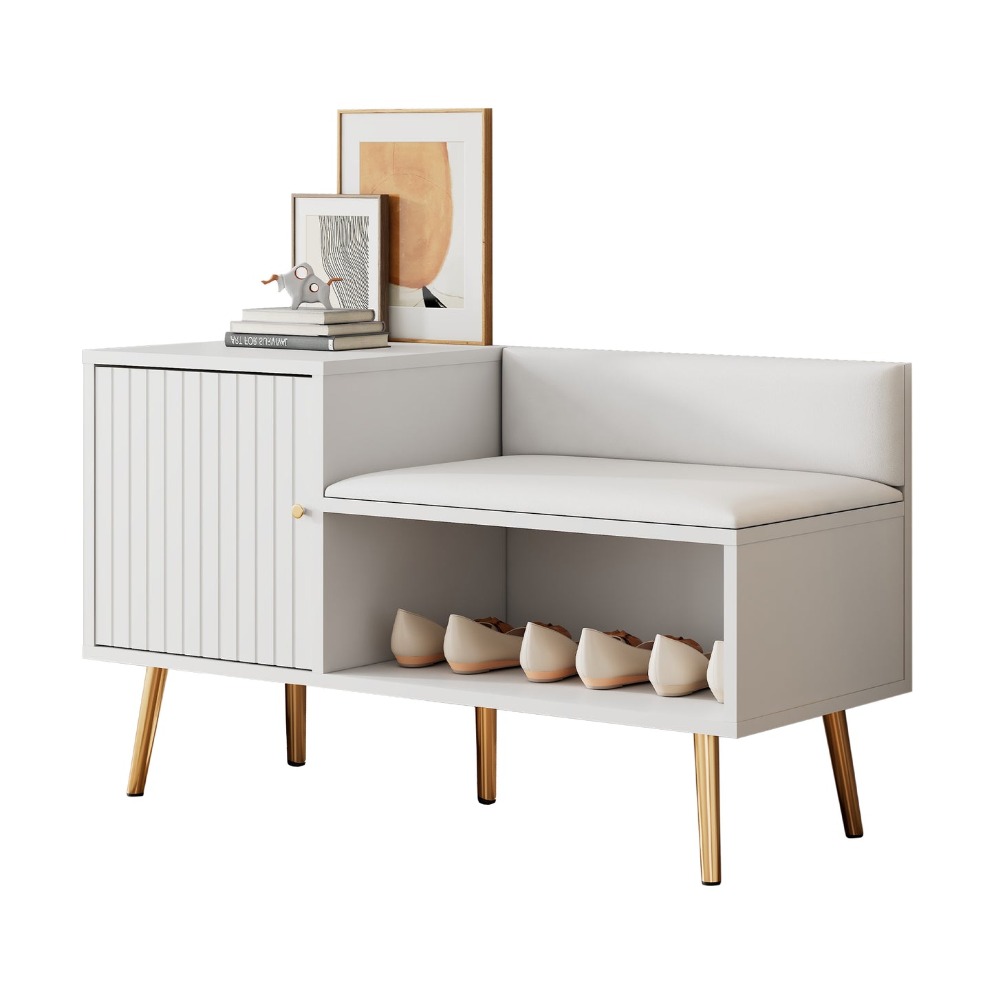 Moderne luxuriöse Schuhtruhe in Weiß mit Stauraum, gepolsterter Sitzbank und Rückenlehne, Perfekt für den Eingangsbereich
