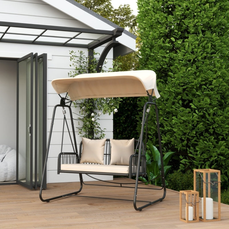 Hollywoodschaukel Rattan 2-Sitzer Gartenschaukel mit verstellbar, Sonnendach Kissen Hängebank, für Garten Balkon, Khaki