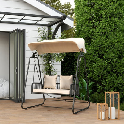 Hollywoodschaukel Rattan 2-Sitzer Gartenschaukel mit verstellbar, Sonnendach Kissen Hängebank, für Garten Balkon, Khaki