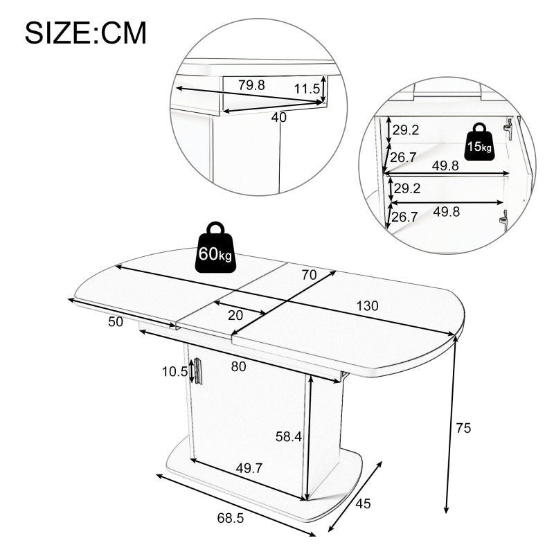 Ausziehbarer ovaler Esstisch, L110/130*W70*H75cm, weiß+goldener Griff