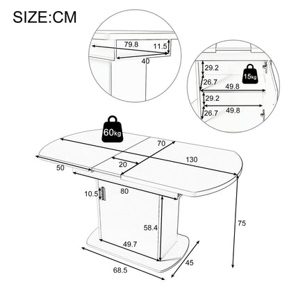 Ausziehbarer ovaler Esstisch, L110/130*W70*H75cm, weiß+goldener Griff