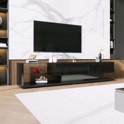 TV-Schränke, Lowboards, Hochglanz-Wohnzimmermöbel. Glastrennwände und variable LED-Beleuchtung. Es verbindet natürlichen, rustikalen Stil mit modernem Design.