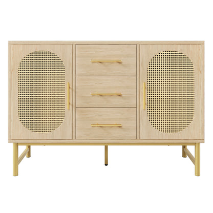 Rattan kommode mit 3-Schubladen und 2-Rattan-Türer,kommode schrank, Schminktisch, für Schlafzimmer und Wohnzimmer, Verstellbare Regale, Kippschutz, 120 x 40 x 74 cm, Sonoma Eiche