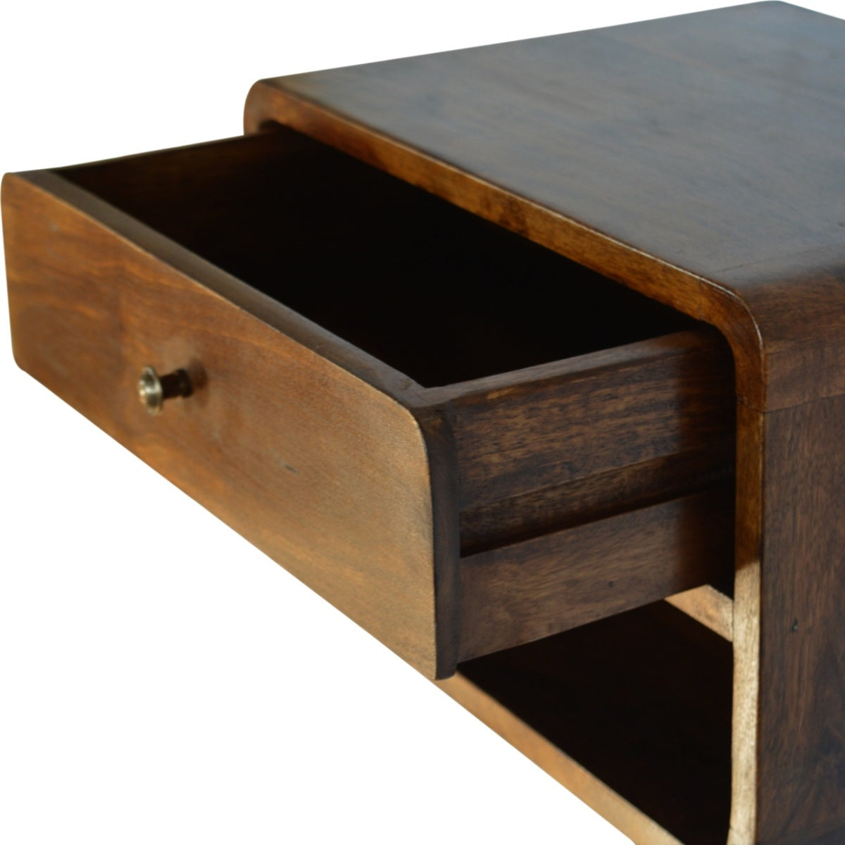 Schwebender Nachttisch aus massivem Mangoholz – Kastanienbraun, Curved Design, 1 Schublade & Fach, Handgefertigt, Fertig montiert, 45x32x25 cm