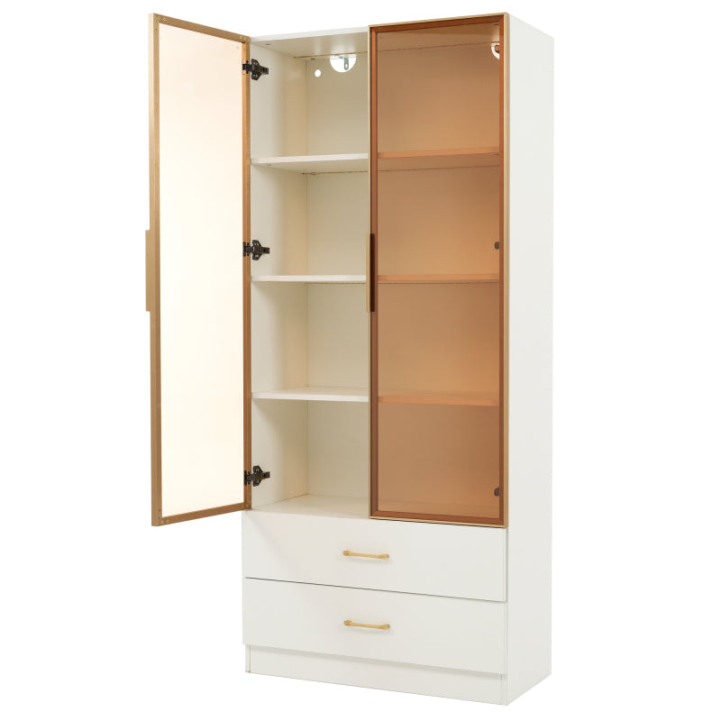 Badezimmerschrank, mittel, mit Lichtleiste, 75 cm breit, mit 2 großen Schubladen und 2 Türen, Glastür