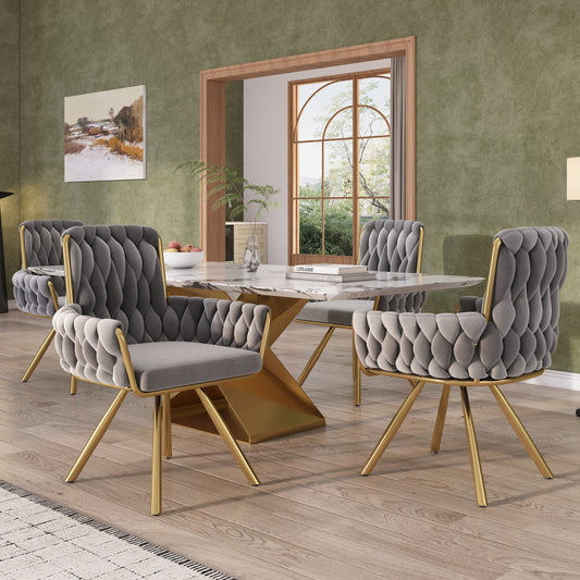Samt-Esszimmerstuhl, 4er set, Sessel, einzelner luxuriöser Wohn- und Schlafzimmer-Drehstuhl, Freizeit-Drehstuhl mit vier Stützbeinen aus Metall, grau