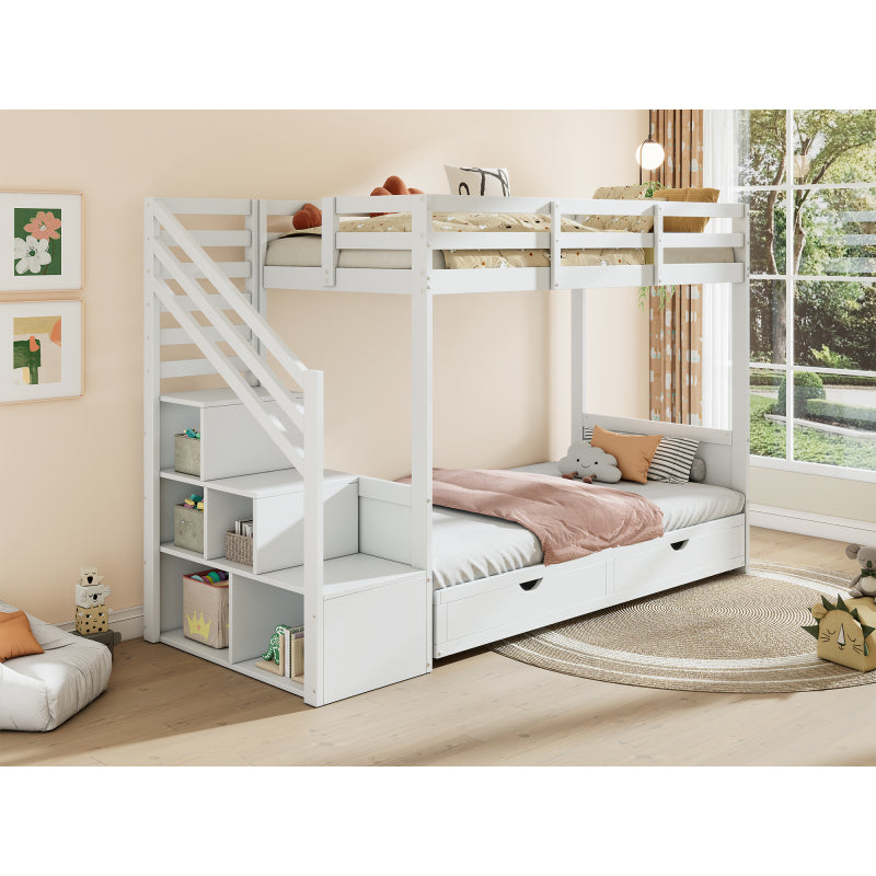Kinder-Etagenbett, Doppelbett, multifunktionales Kinderbett,Mit Treppenschrank und 2 Schubladen, ohne Matratze, Die untere Ebene als Bett oder Sofa genutzt und enthält Kissen , weiß, 90*200