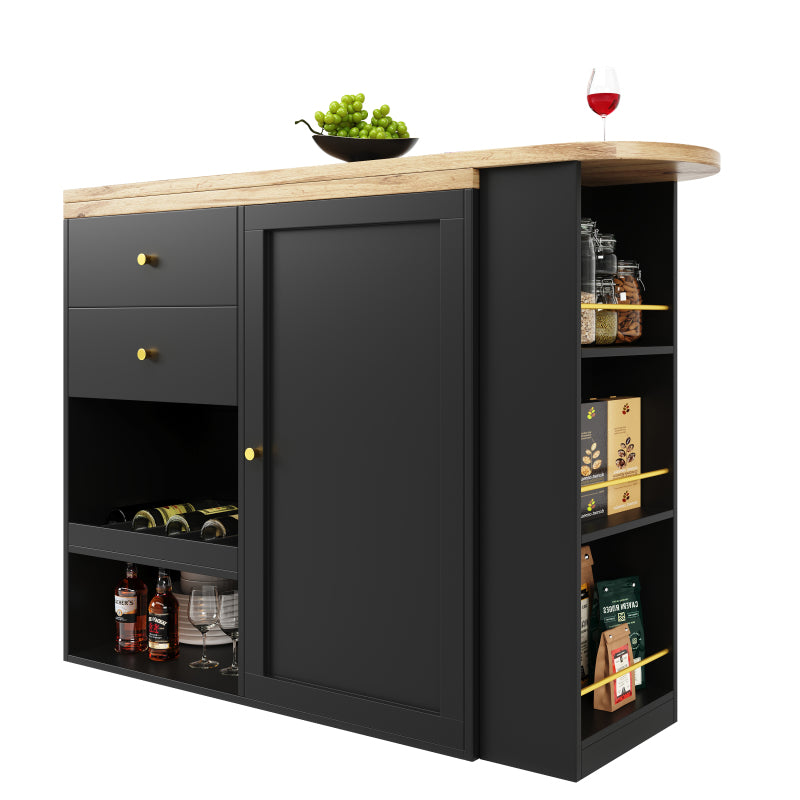 Um 360° drehbarer Bartisch (Hauptkörper 105 x 39 x 102 cm), mit 2 Schubladen und Schiebetürschrank, 3 Ebenen offener Stauraum, geeignet für Esszimmer/Arbeitszimmer/Wohnzimmer usw