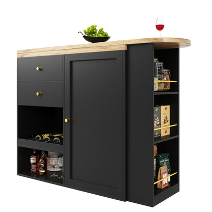 Um 360° drehbarer Bartisch (Hauptkörper 105 x 39 x 102 cm), mit 2 Schubladen und Schiebetürschrank, 3 Ebenen offener Stauraum, geeignet für Esszimmer/Arbeitszimmer/Wohnzimmer usw