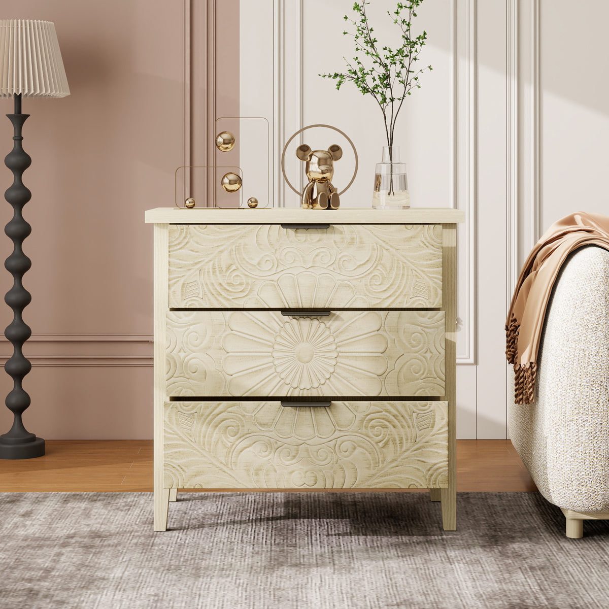 Kommode 80x80 cm Weiß, Anrichte mit 3 Schubladen in 3D-Holzoptik, Sideboard mit Bodengleitschienen & Kippsicherung