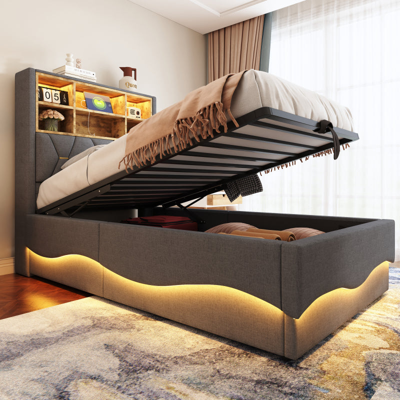 Kinderbett 90x200cm mit hydraulischem Stauraum APP-gesteuertes LED-Lichtband USB-Ladeanschluss Metall-Lattenrost Leinenpolsterung Grau