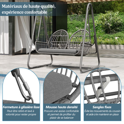 Gartenschaukel, Hollywoodschaukel mit Rückenlehne, Gartenmöbel-Set für den Außenbereich,Doppelschaukel aus PE-Rattan, 2 Sitze, Dunkelgrauer Sitzrahmen und Kissen