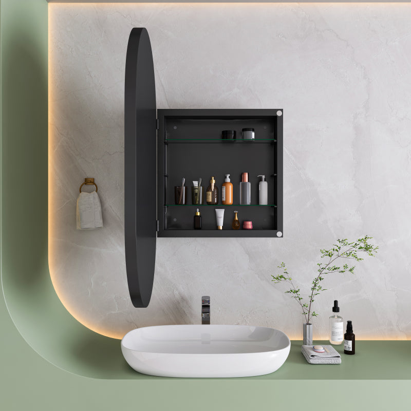 Stylish Oval Mirror Cabinet, Recessed Medicine Cabinet, Wall Cabinet with Metal Framed, Mirror and Adjustable Shelves, Mirror Cabinet with Storage for Bathroom, Living Room and Bedroom, Black