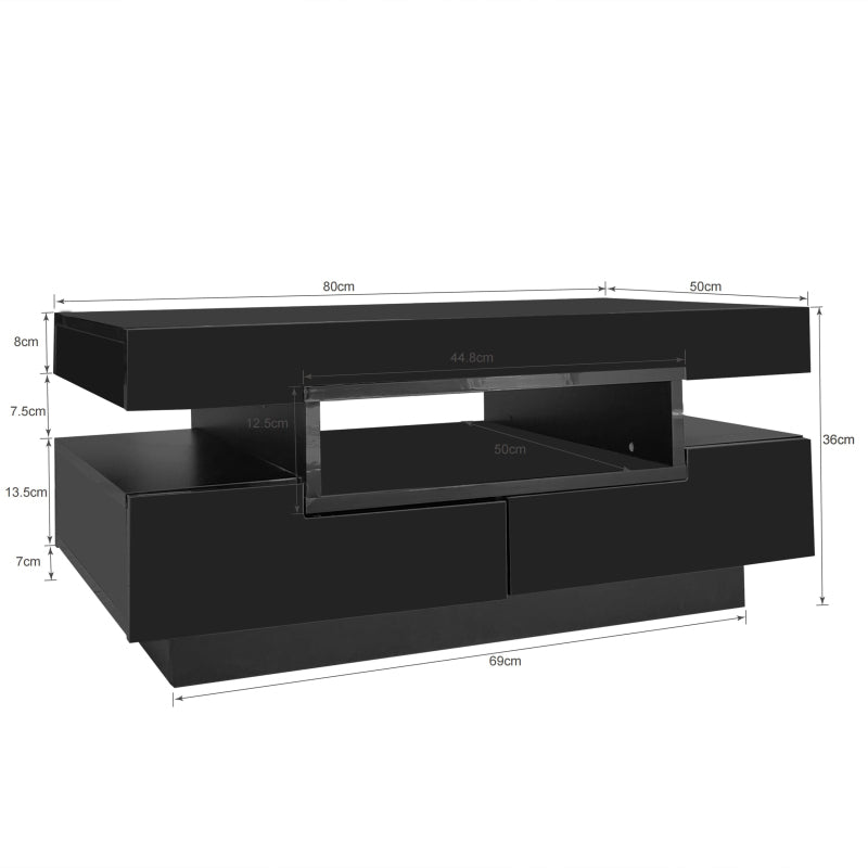 Couchtisch, Hochglanzoberfläche, mit LED-Lichtleiste, vier Schubladen vorne und hinten, großer Stauraum