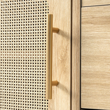Rattan kommode mit 3-Schubladen und 2-Rattan-Türer,kommode schrank, Schminktisch, für Schlafzimmer und Wohnzimmer, Verstellbare Regale, Kippschutz, 120 x 40 x 74 cm, Sonoma Eiche