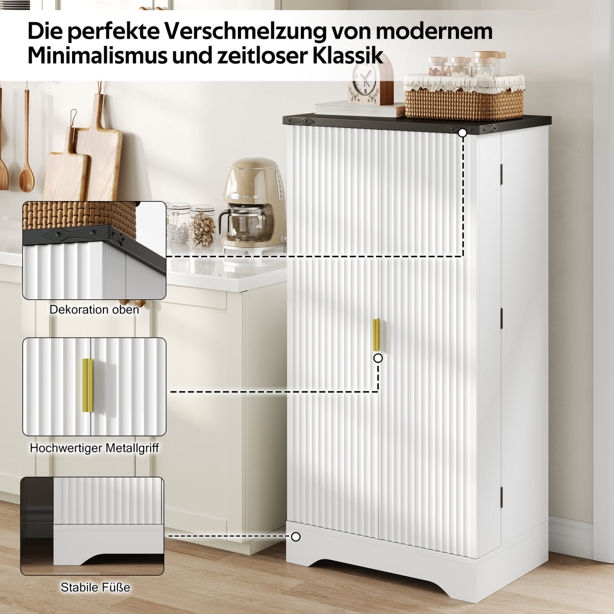 Hochschrank Weiß 120 cm, Buffetschrank mit LED-Sensorlicht, Anrichte mit Gerillten Türen & Türablagen, Goldgriffe