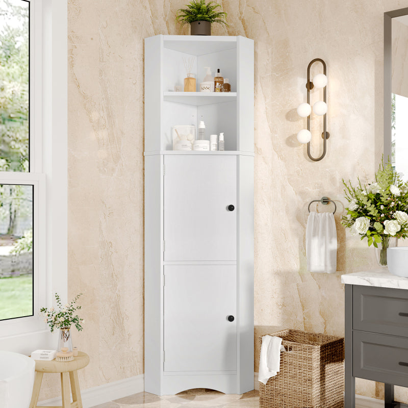 Dreieckiger Badezimmerschrank, feuchtigkeitsbeständiger Lack, zwei offene Ablagefächer, zwei Schranktüren, verstellbare Trennwände, einfache Form, weiß